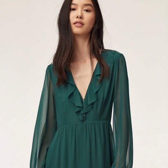 Aritzia Wilfred Millie Dress 8 Forest Green Romantic Ruffle Chiffon Maxi Slit - Picture 2 of 16